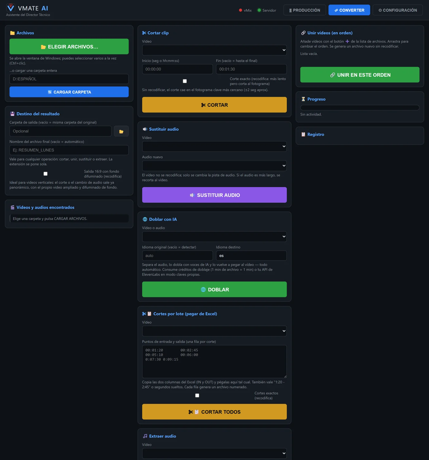 Pestaña Converter de VMate AI con las herramientas de corte, doblaje y transcripción