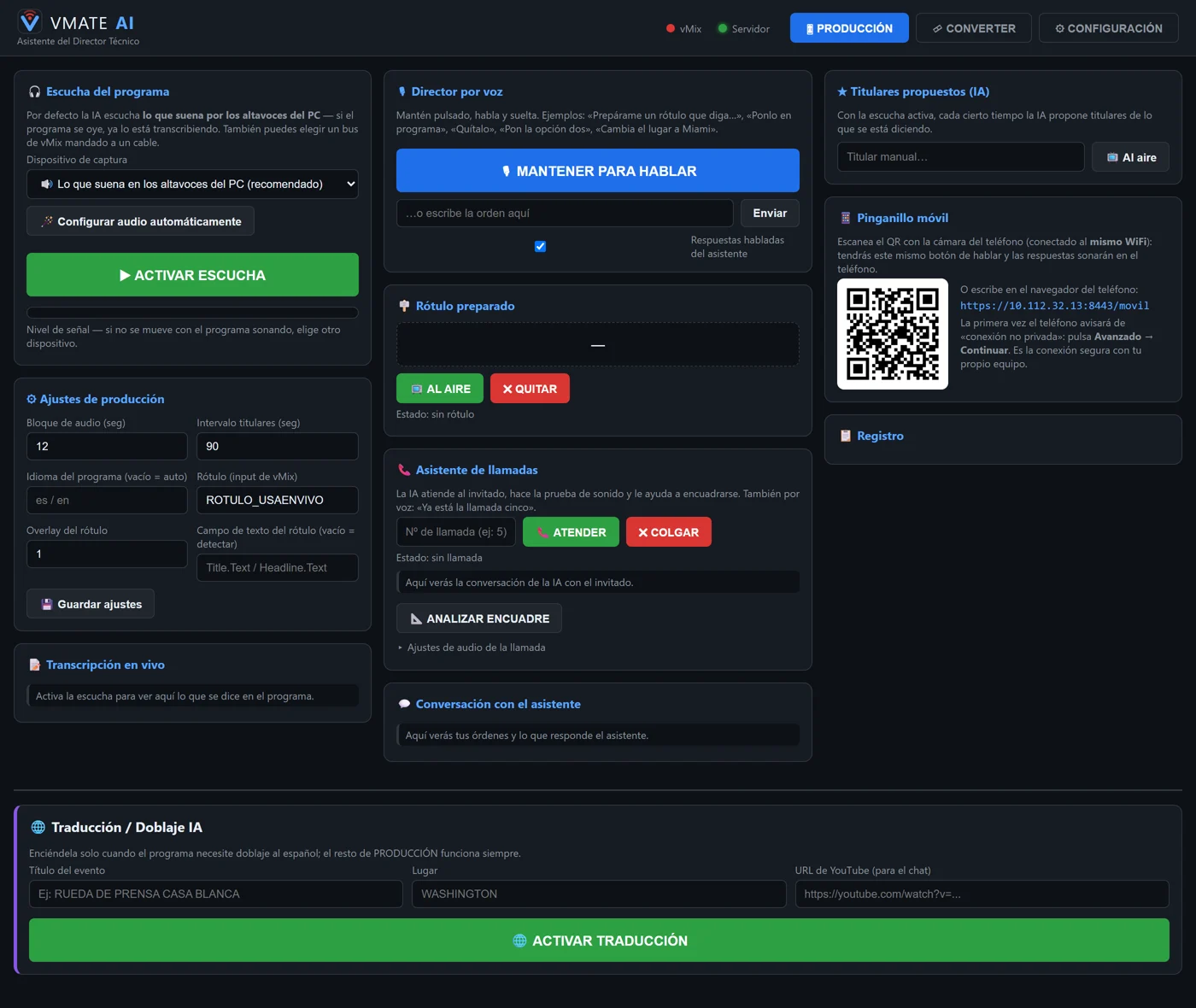 Panel de producción de VMate AI: dirección por voz, rótulos, asistente de llamadas y titulares con IA